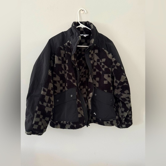 Joy Lab Oversized Checkered Loose Fit Fleece Cropped Jacket Black Green Size M L - Picture 1 of 8